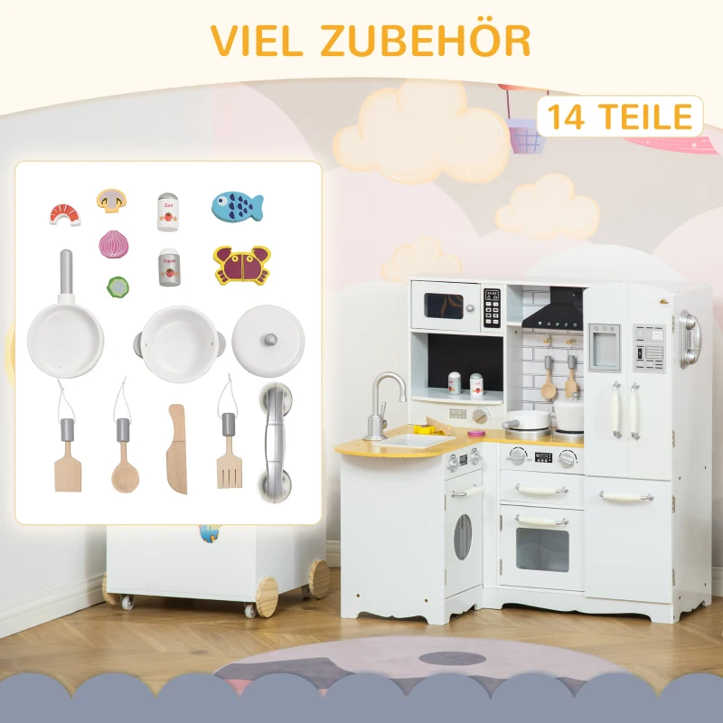 HOMCOM Spielküche aus Holz Kinderküche Holzküchemit Waschbecken Töpfen Küchenhelfern Küchenspielzeug mit Sound für 3–6 Jahre Kinder Naturholz+Weiß 82 x 65 x 87 cm