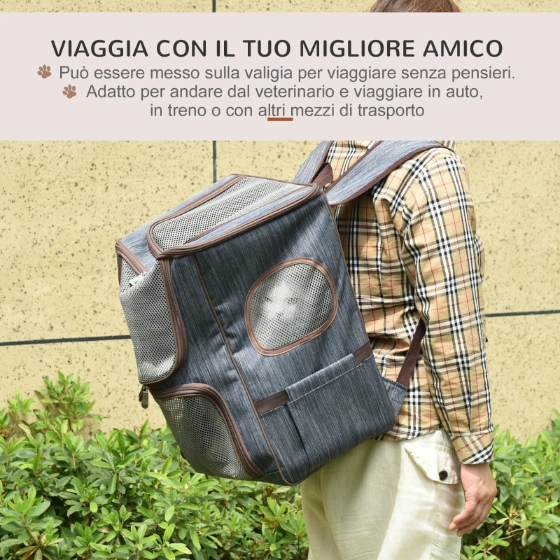PawHut Zaino per Gatti Trasportino per Cani in Oxford, Cuscino Rimovibile e Lavabile, Inserti Rete Traspirante, 35x28.5x45cm, Blu Marrone