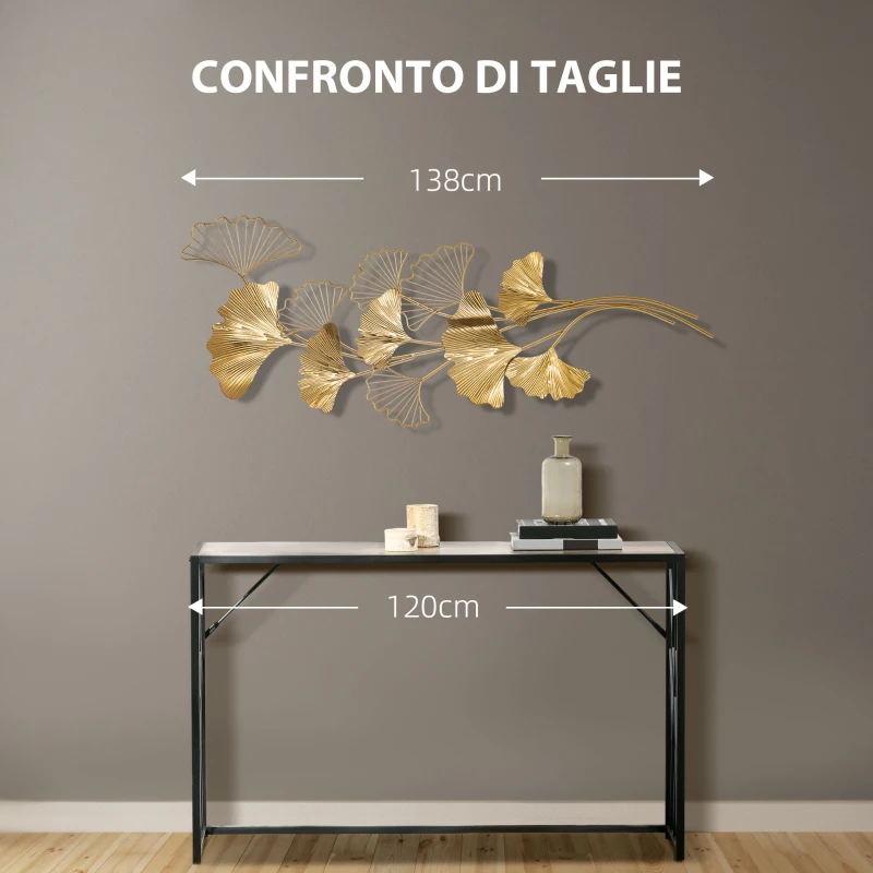 HOMCOM Decorazione Murale 3D in Metallo, Wall Art Dorata con Foglie di Ginkgo 138x70cm