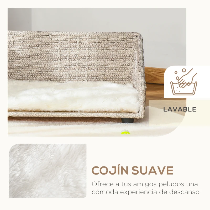 PawHut Sofá Cama de Ratán para Perros Cama Elevada para Mascotas Gatos con Cojín Suave y Lavable para Casa Interior 70,5x40x37,5 cm Beige Veteado