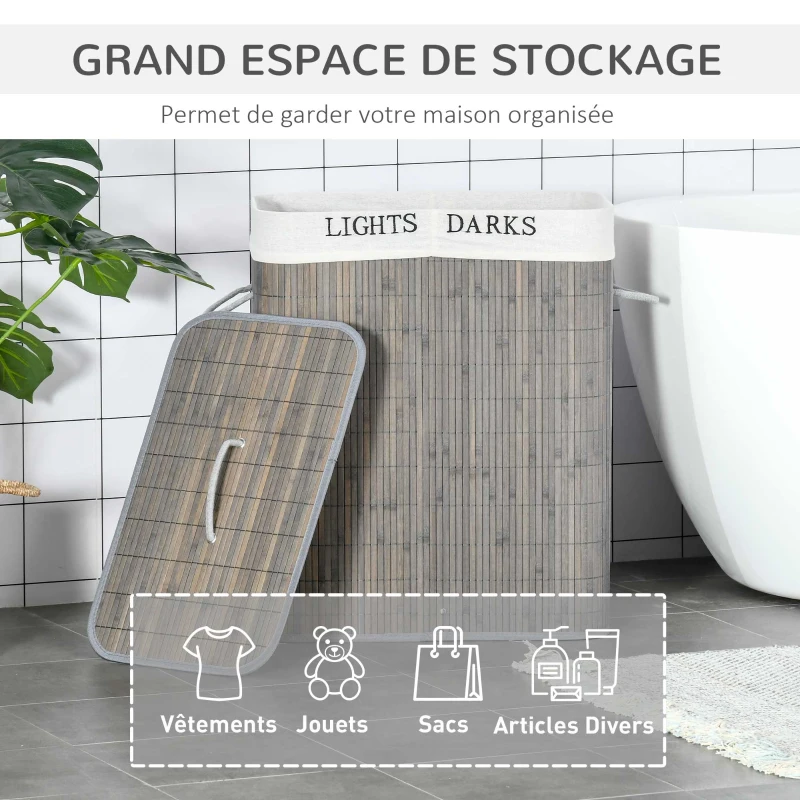 HOMCOM Panier à linge 100L avec 2 bacs bambou pliable couvercle poignée avec Sac amovible et lavable gris