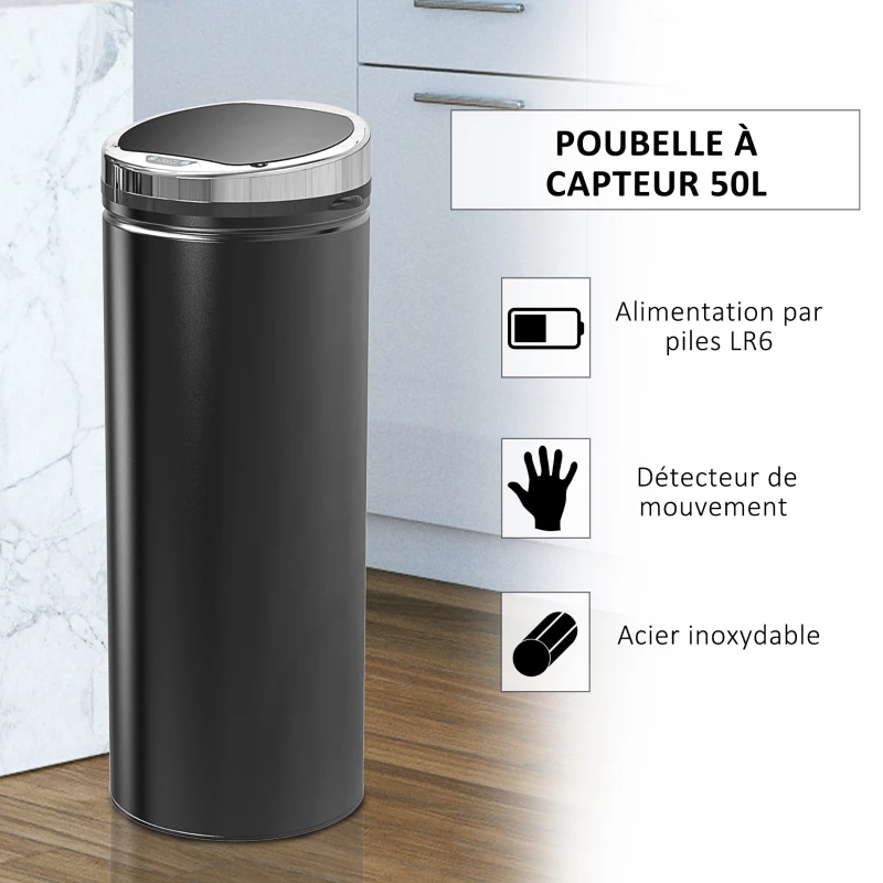 HOMCOM Poubelle à capteur de mouvement ouverture automatique 1 bac de 50 L en acier inoxydable noir