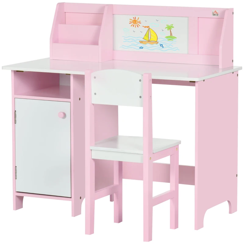HOMCOM Set Tavolo e Sedie per Bambini 5+ Anni in Legno con Banco Scuola e Sedia Bianco e Rosa
