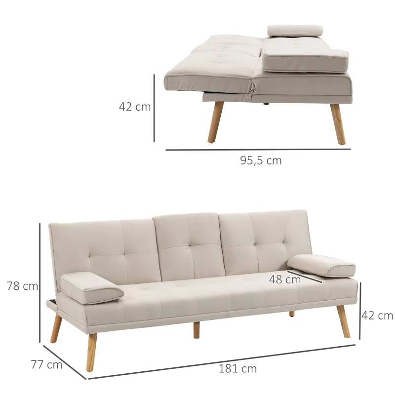 HOMCOM Canapé convertible 3 places, canapé-lit rembourré avec dossier réglable 3 niveaux, 2 coussins et 2 porte-gobelets intégrés, tissu de lin, pour salon, chambre d'amis, petit espace, beige