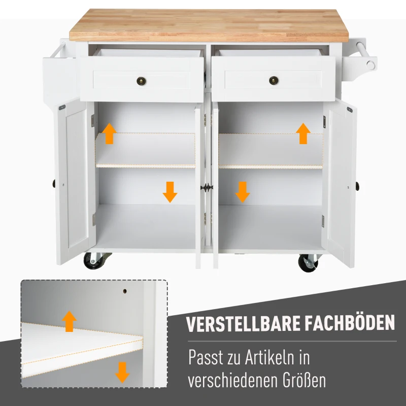HOMCOM Küchenschrank, Servierwagen, Kücheninsel mit Rollen, Küchenwagen, Küchenregal mit Schublade und verstellbares Regal, Gummiholz, MDF, Spanplatte, Weiß, 111 x 44,5 x 82,5 cm