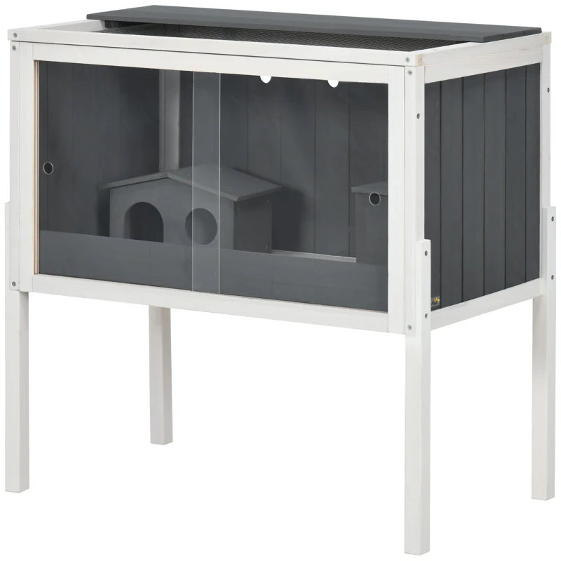 PawHut Jaula para Hámster de Madera con 2 Puertas de Acrílico 2 Casitas para Animales Pequeños 82x45x81 cm Gris Oscuro