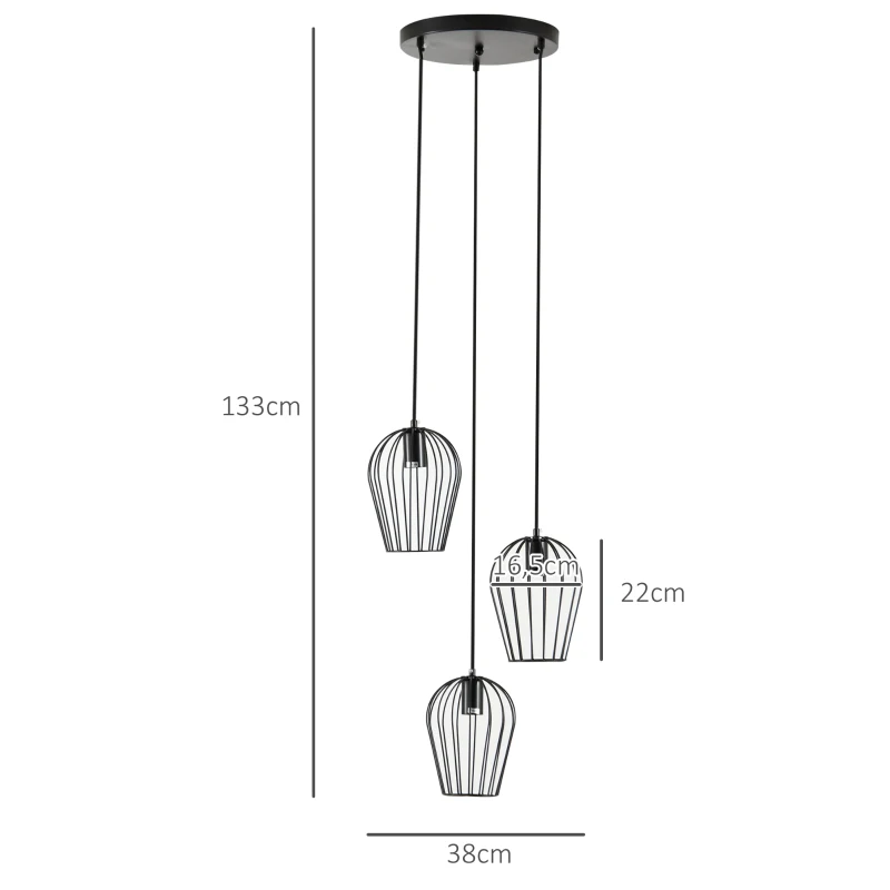 HOMCOM Lustre suspension luminair plafonnier 3 paniers métalliques douilles E27 hauteur réglable vintage rétro géométriques noir Ø 38 x 145H cm