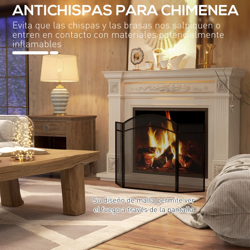 HOMCOM Protector de Chimenea de 3 Paneles Plegable Pantalla de Chimenea con Estructura de Metal 96x60 cm Negro