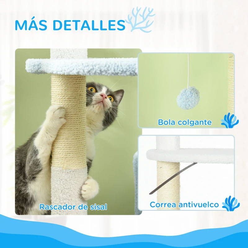 PawHut Árbol Rascador para Gatos Grandes de 155 cm con Postes de Sisal Cueva Cama Hamaca y Bola Ø54,5x155 cm Blanco y Azul