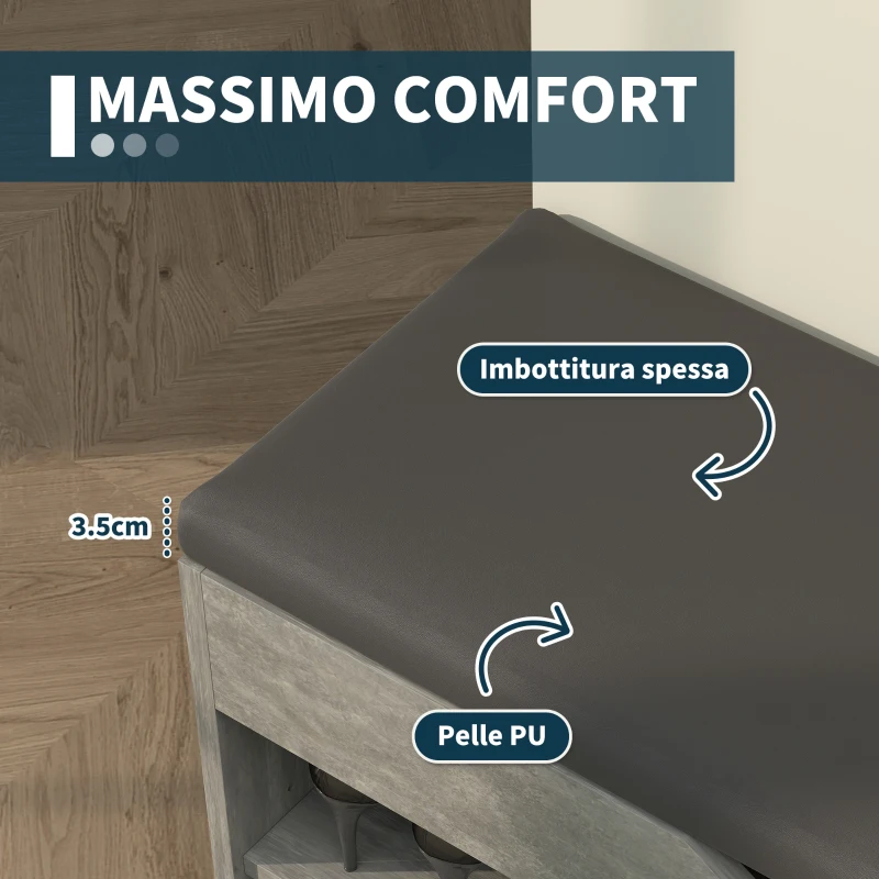 HOMCOM Scarpiera Salvaspazio Imbottita a 3 Ripiani Aperti con Spazio a Scomparsa, in Legno, 80x30x45 cm, Nero e Grigio