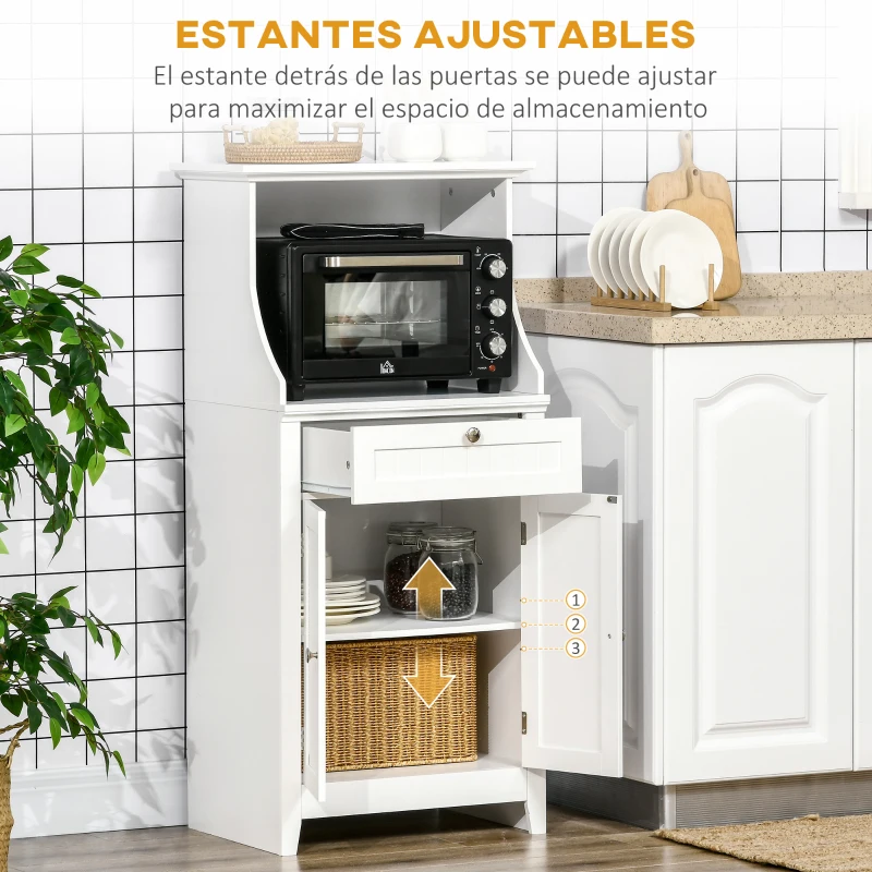 HOMCOM Mueble para Microondas Aparador de Cocina con Cajón Estante 2 Puertas Compartimento Anti-vuelco 60x40x122,5 cm Blanco