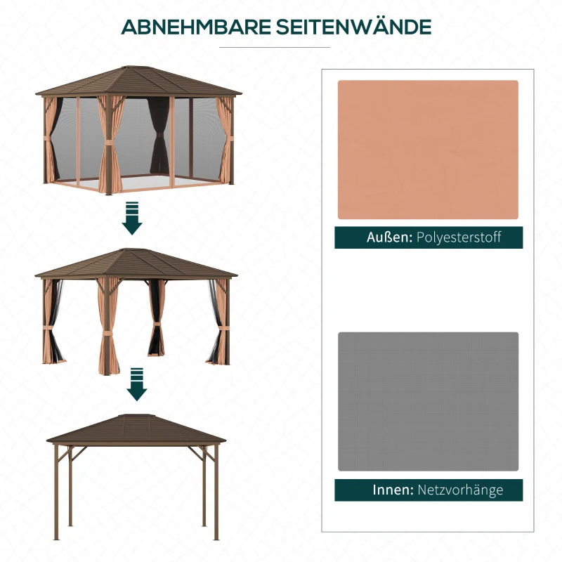 Outsunny Gartenpavillon mit Metalldach, 3 x 3,7 x 2,6m, 4 Vorhänge, wetterfest, Aluminium, braun