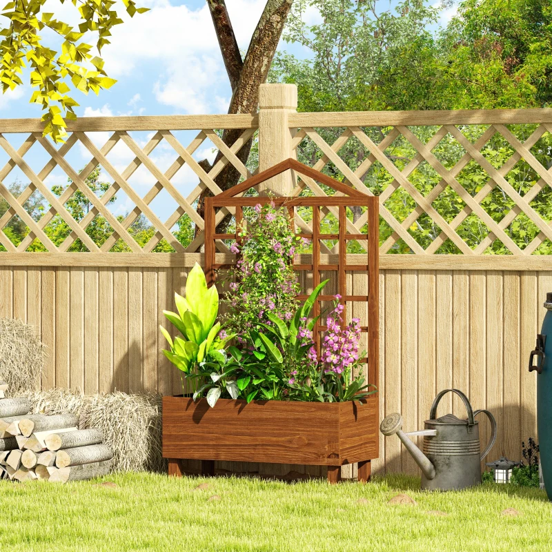 Outsunny Garden Planters with Trellis for Vine Climbing, Distressed Wooden Raised Beds, 90x43x150cm, Brown