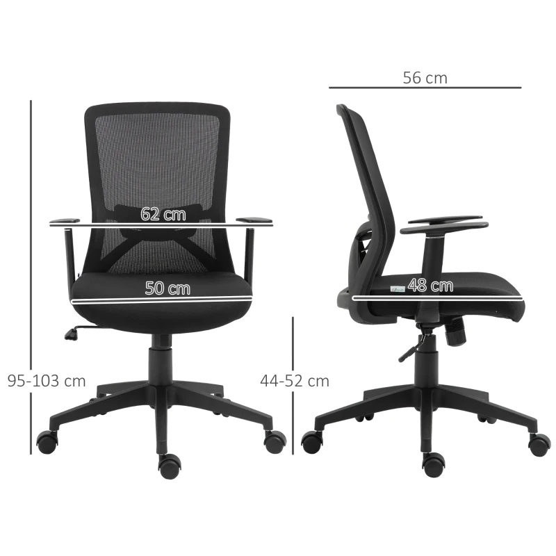 Vinsetto Silla de Oficina Altura Ajustable Reposabrazos Soporte Lumbar Respaldo Transpirable y Basculante 62x56x95-103 cm Negro