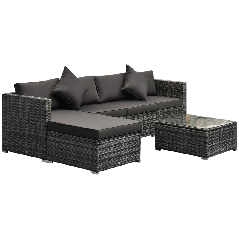 Outsunny 6 Pieces Rattan Garden Furniture Set, 5 Seater Sectional Garden Corner Sofa Set with Glass Top Coffee Table, Cushions and Pillows, All-Weather Wicker Conversation Furniture, Grey