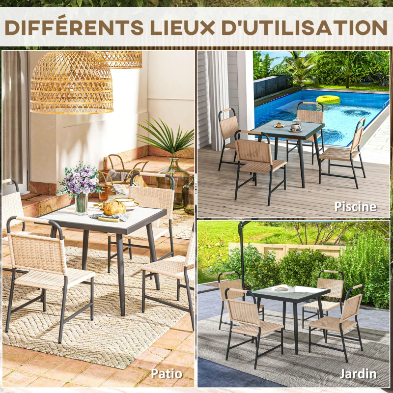 Outsunny Ensemble table carrée et 4 chaises de jardin, 5 pièces, plateau verre trempée, résine tressée effet rotin