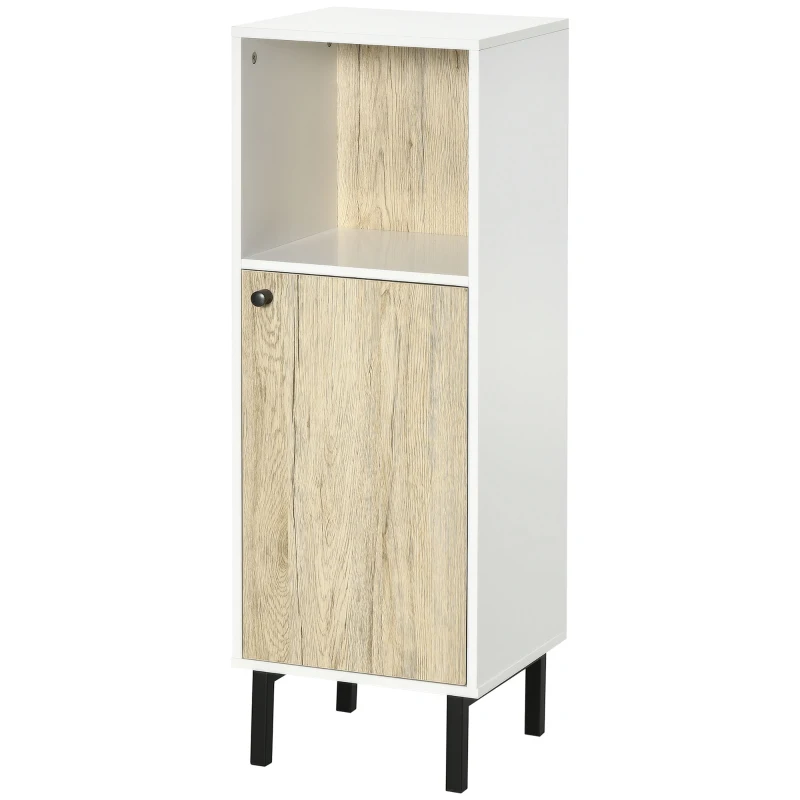 kleankin Armario Auxiliar de Baño con Armario y Estante Abierto para Lavabo Ducha Antivuelco 31,5x30x91cm Roble y Blanco