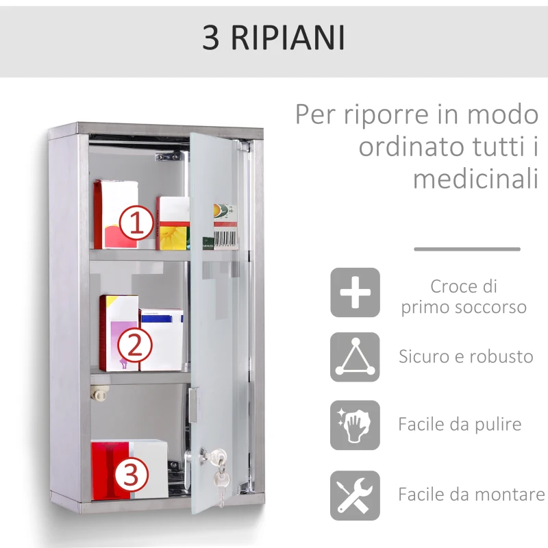 HOMCOM Armadietto Porta Medicinali, Pronto Soccorso Cassetta Medicine in Acciaio Porta in Vetro e 2 Chiavi 48x25cm