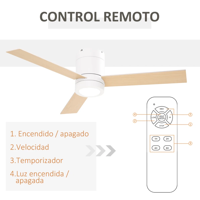 HOMCOM Ventilador de Techo Motor AC 48W con Luz LED Mando a Distancia 3 Velocidades y 3 Aspas de Madera Ø112x25 cm Blanco