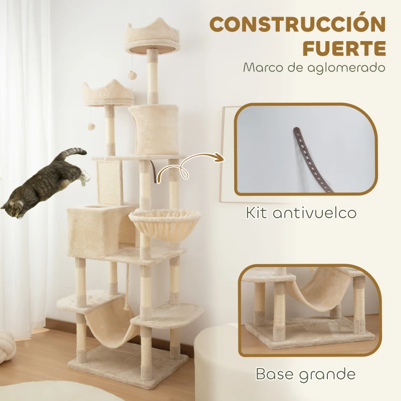 PawHut Árbol Rascador para Gatos Grande Altura 206 cm con Múltiples Niveles Cuevas Bolas Colgantes y Hamacas Beige