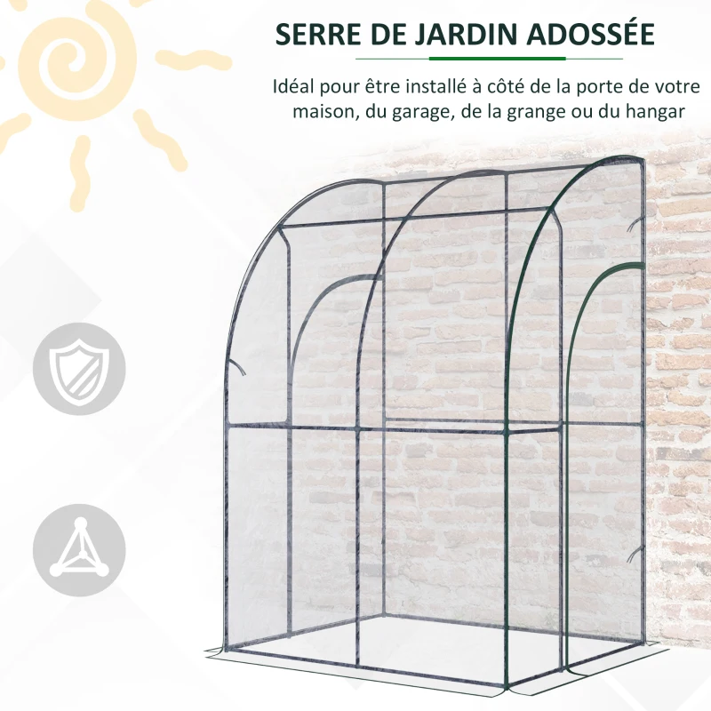 Outsunny Serre de Jardin adossée Serre adossée serre d'hivernage dim. 1,43L x 1,18l x 2,12H m 2 Portes zippées enroulables Acier PVC Transparent