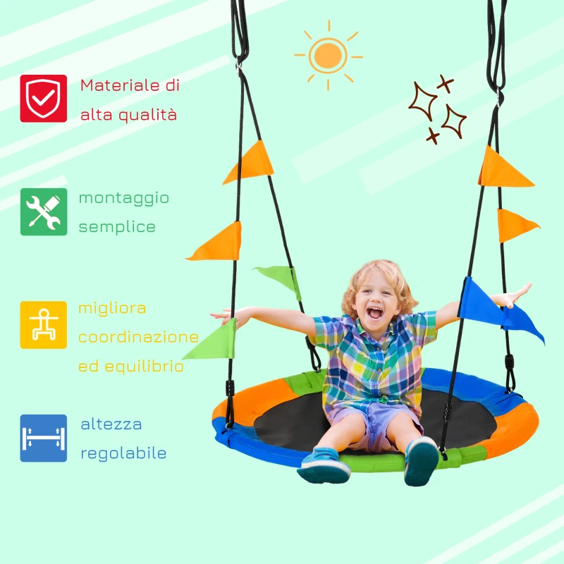 Outsunny Altalena Rotonda a Nido per Bambini di +3 Anni per Giardino, Esterni, Interni, Cameretta, Multicolor Φ100x120-180Acm