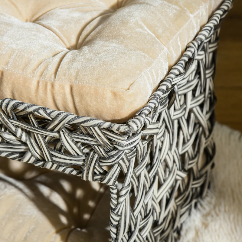 PawHut Cesta de Ratán para Gatos de 2 Pisos Cueva Cama de Gato Tipo Caseta con 2 Cojines Suaves Estructura de Metal 51x42x37 cm Gris y Beige