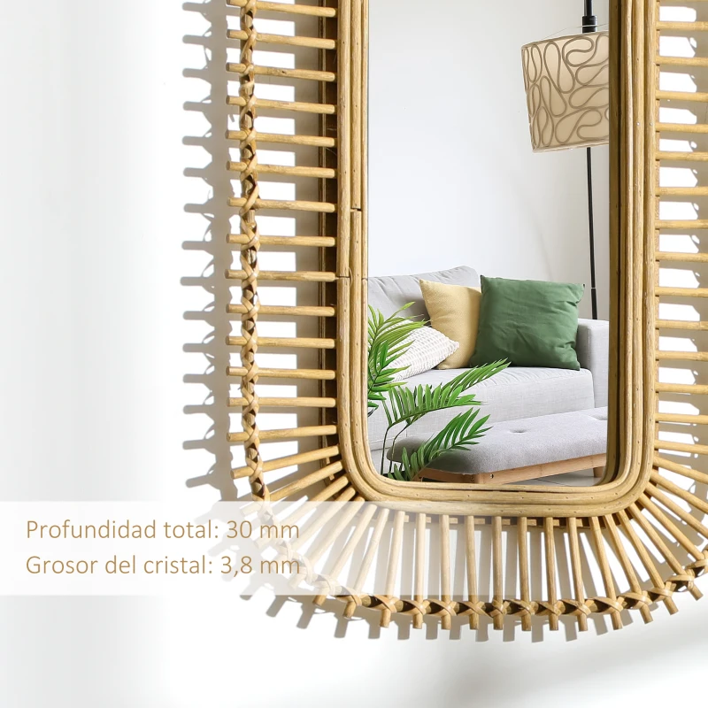 HOMCOM Espejo de Ratán Decorativo de Pared Espejo Colgante Rectangular para Salón Dormitorio Entrada Pasillo 75x48 cm Natural
