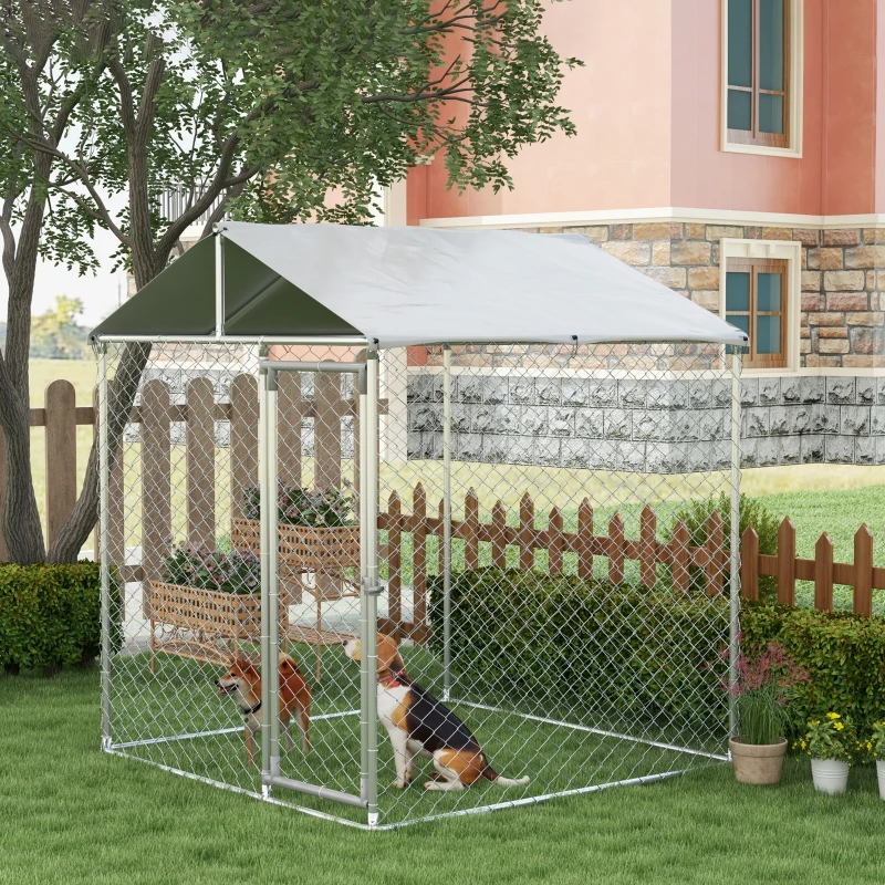 PawHut Jaula de Exterior para Perros Medianos con Cerradura Marco de Acero Toldo Impermeable y Anti-UV 200x200x237 cm Plata