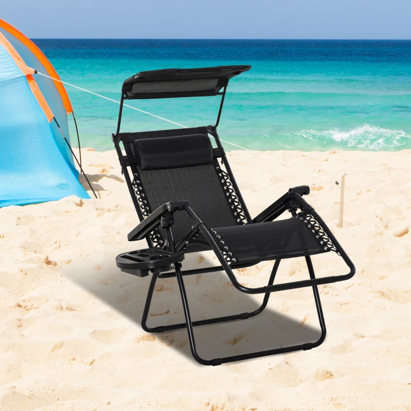 Outsunny Tumbona Plegable Silla de Gravedad Cero Reclinable con Toldo de Sombra con Bandeja Portavasos Portátil Texteline para Jardín Balcón Carga 150kg 90x67x110 cm Negro