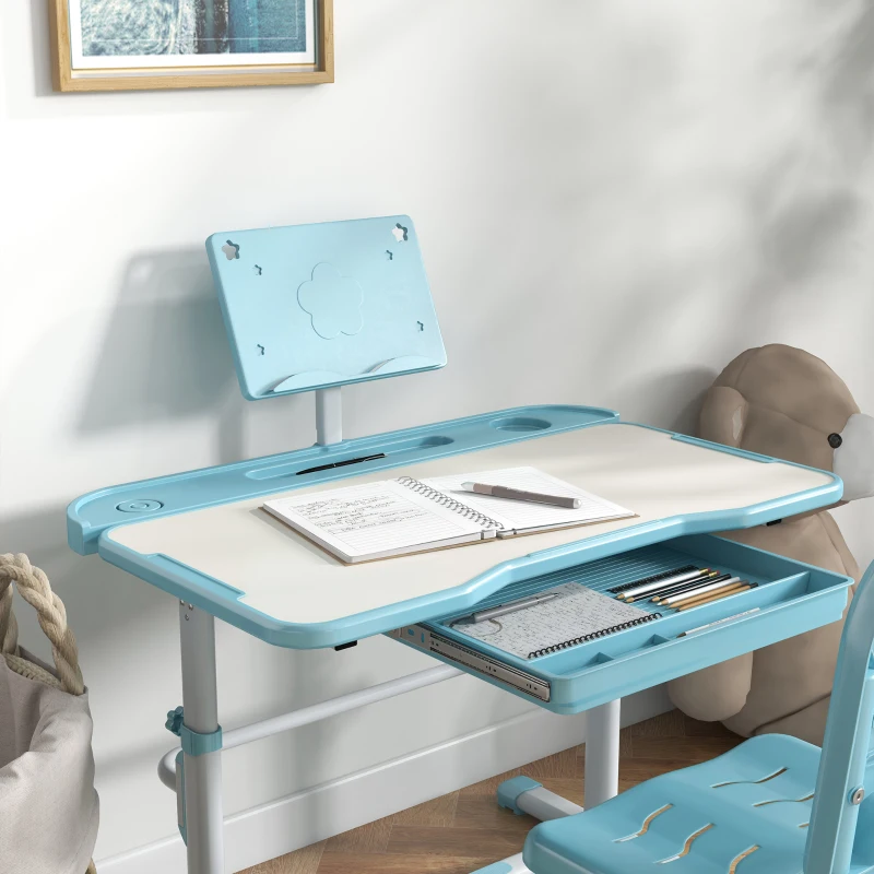 ZONEKIZ Pupitre Infantil Ajustable con 1 Cajón 1 Estante para Libros y Ángulo de Mesa Ajustable 80x49,5x82-104 cm Azul y Blanco