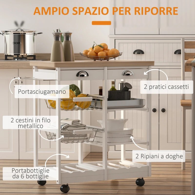 HOMCOM Carrello da Cucina Multiuso con 2 Cassetti, 2 Ripiani e 2 Cesti, in Legno di Pino, 74x37x76 cm, Bianco
