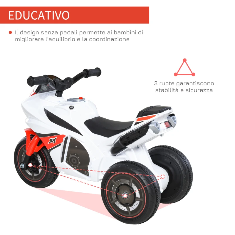 HOMCOM Moto Giocattolo a 3 Ruote per Bambini 18-36 Mesi, Motocicletta Cavalcabile Stile Polizia con Musica e Fari Senza Pedali in PP e Metallo Bianco e Rosso