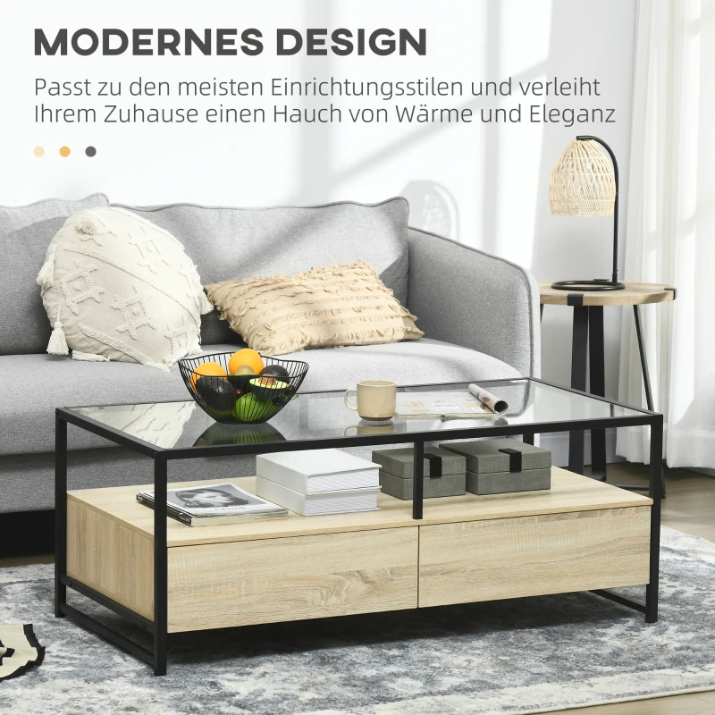 HOMCOM Couchtisch im Moderndesign, 2 Schubladen, 2 Regale, Beistelltisch, Natur, Schwarz