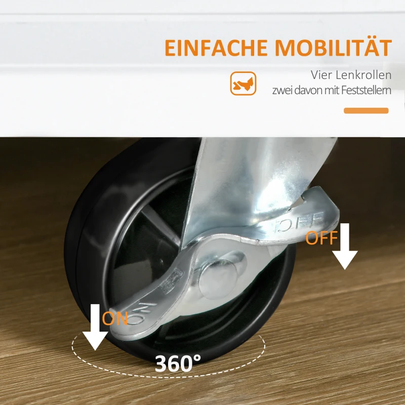 HOMCOM Küchenwagen mit Rollen, Rollwagen mit Seitenregal Küchentrolley, Servierwagen mit Gewürzregal, Küchenhilfe, P2 MDF, Gummiholz, Weiß+Natur, 89 x 45 x 89,5 cm