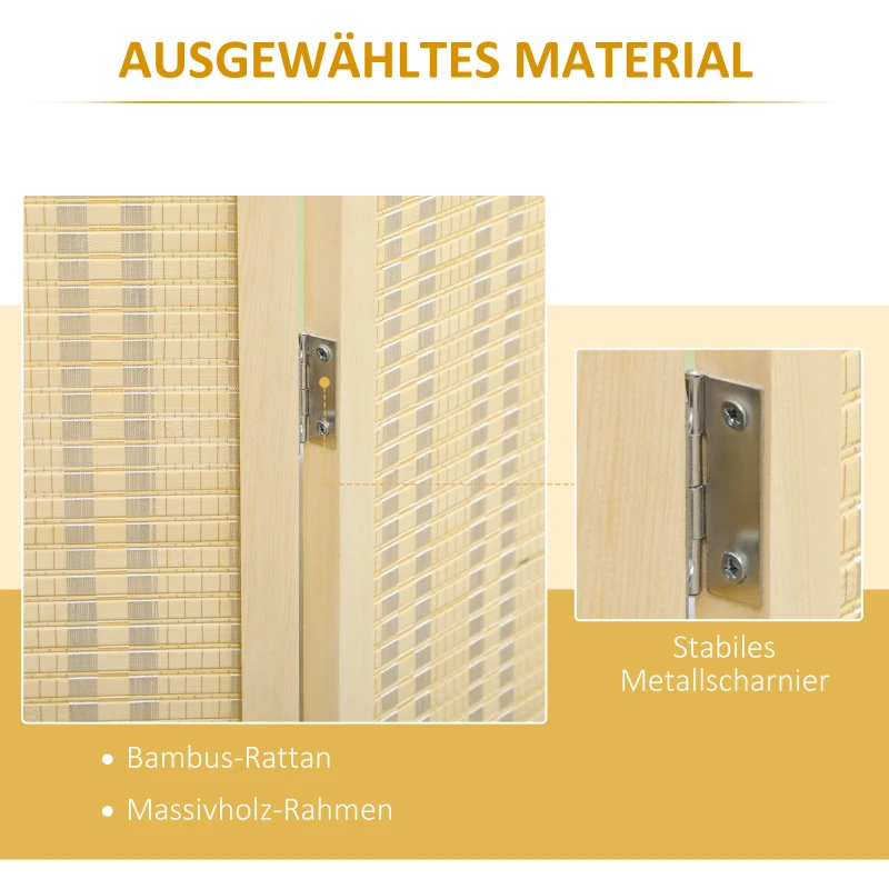 HOMCOM 4-teiliger Raumteiler, 180 x 180 cm, Faltbarer Sichtschutz aus Bambus und Baumwolle für Wohnzimmer, Schlafzimmer, Natur(m-5)