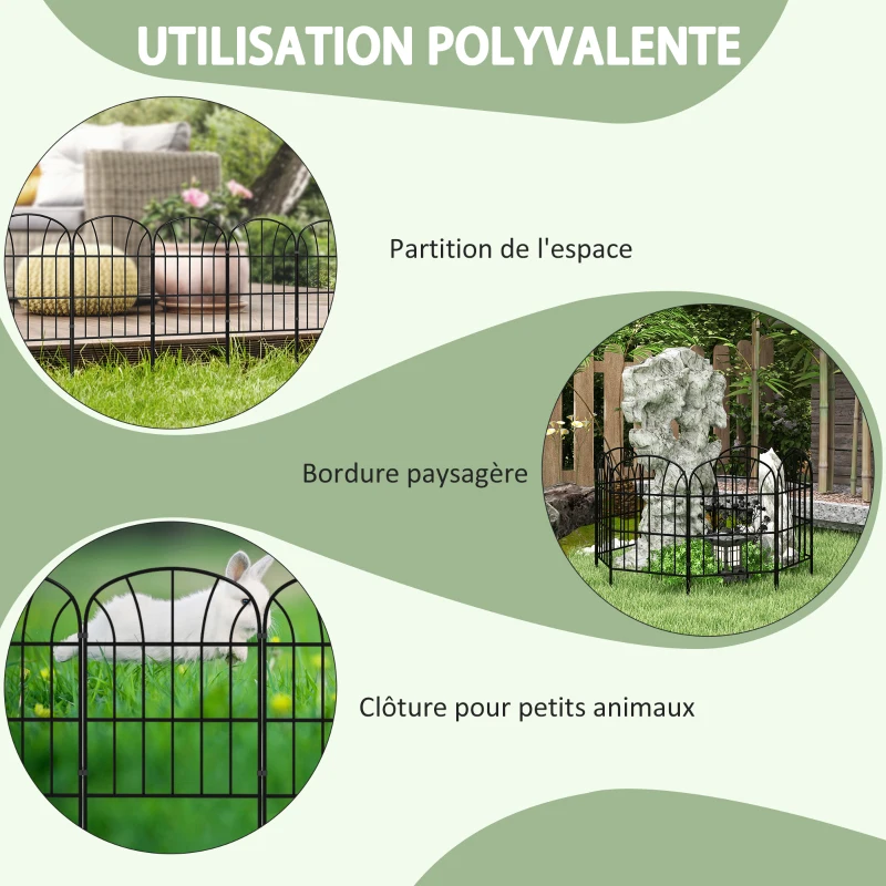 Outsunny Lot de 8 clôtures de jardin décoratives, bordures en métal noir avec ornements - 264 x 61 cm noir