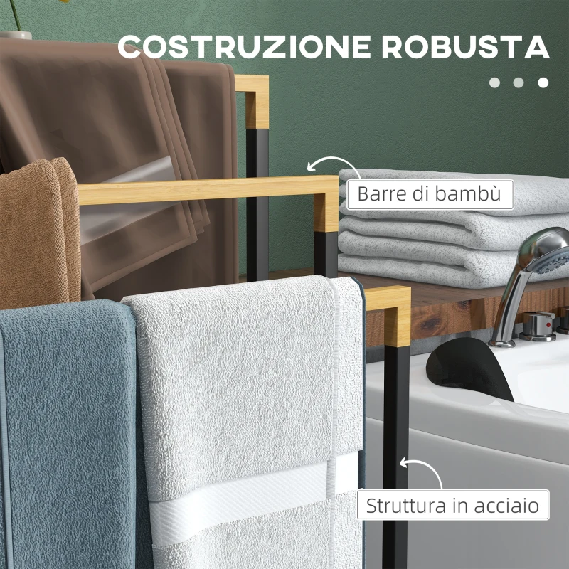 kleankin Portasciugamani a 3 Sbarre in Bambù e Acciaio con Design Autoportante, 45x22.5x86 cm