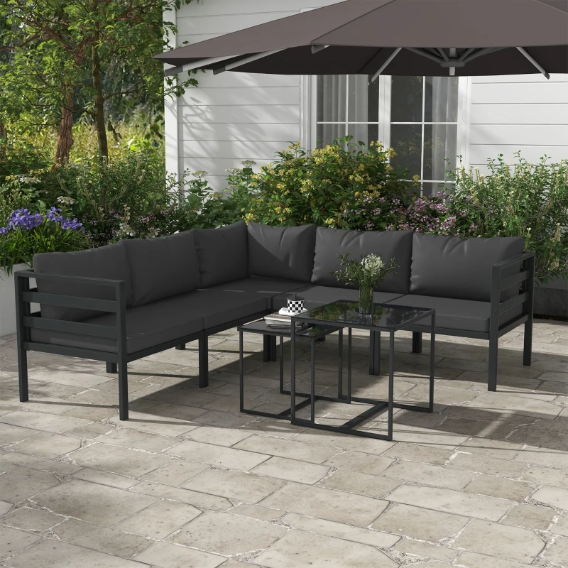 Outsunny Set da Giardino 7 Pezzi in Acciaio e Poliestere con 5 Sedie con Cuscini e 2 Tavolini da Caffè, Grigio