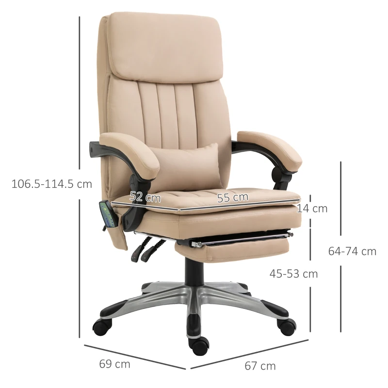 Vinsetto Poltrona Massaggiante da Ufficio, Altezza Regolabile e Reclinabile in Pelle PU, 67x69x106.5-114.5cm Beige