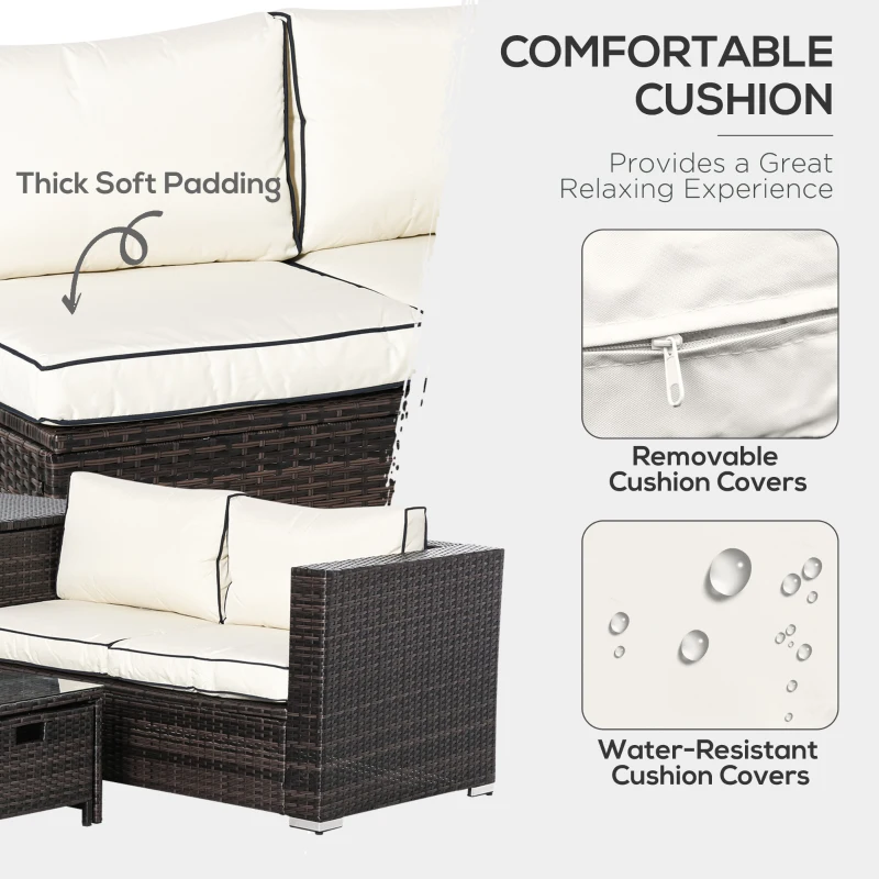 Outsunny 4 Pieces Rattan Garden Furniture Set, 4 Seater Corner Sofa Set with Storage Box, 2 Drawers Coffee Table, Loveseats with Cushions, Wicker Garden Conservatory Furniture for Balcony, Brown