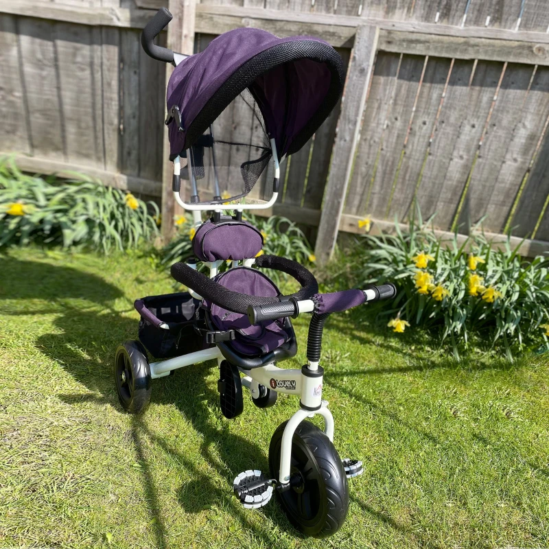 HOMCOM Triciclo Evolutivo para Bebés 6 en 1 Triciclo para Niños de 1-5 Años Bicicleta para Niños con Toldo Plegable Mango Telescópico Desmontable Cinturón de Seguridad y Cesto 95x50x106 cm Morado