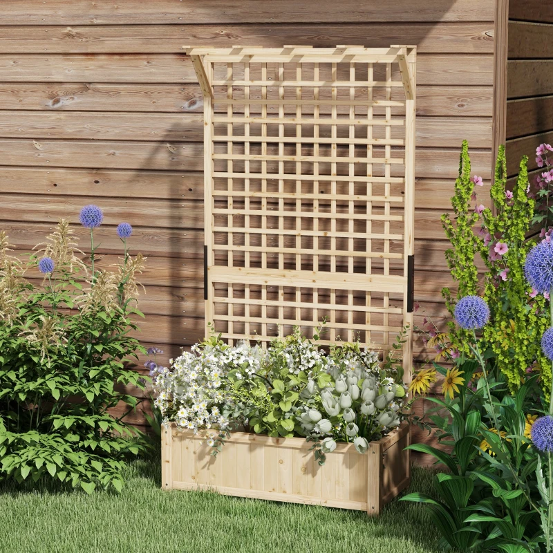 Outsunny Raised Bed with Drainage Holes, Wood Planter with Trellis for Climbing Plants to Grow Vegetables, Flowers, Natural