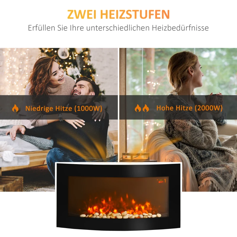 HOMCOM Elektrokamin mit Heizung, Wandkamin mit LED Flammeneffekt, 7 Flammenfarben, 1000/2000 W, elektrischer Kamin mit Timer, Einstellbarer Thermostat, Dekokamin mit Fernbedienung, Schwarz, 89,2 cm