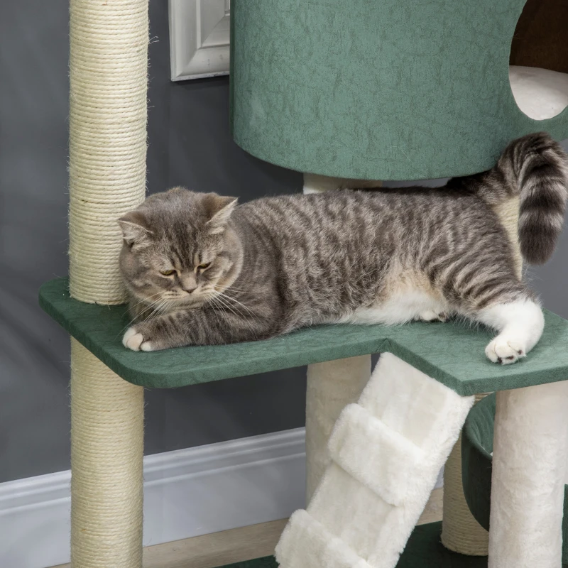 PawHut Árbol Rascador para Gatos Torre para Gatos con Camas Cueva Hamaca y Bolas Colgantes 70x50x114 cm Verde