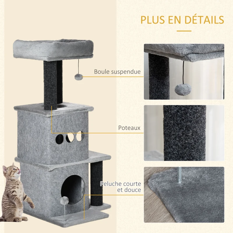 PawHut Arbre à chats design cosy chic multi-équipements centre d'activités niches plateformes lit jeu boule feutres amovibles lavables panneaux de particules peluche courte 48 x 48 x 100 cm gris