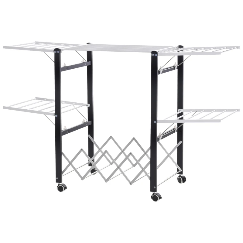 HOMCOM Tendedero de Ropa con Ruedas Plegable Tendedor Vertical de Aluminio con 4 Alas Laterales y Estante 157,5x54x101cm Blanco