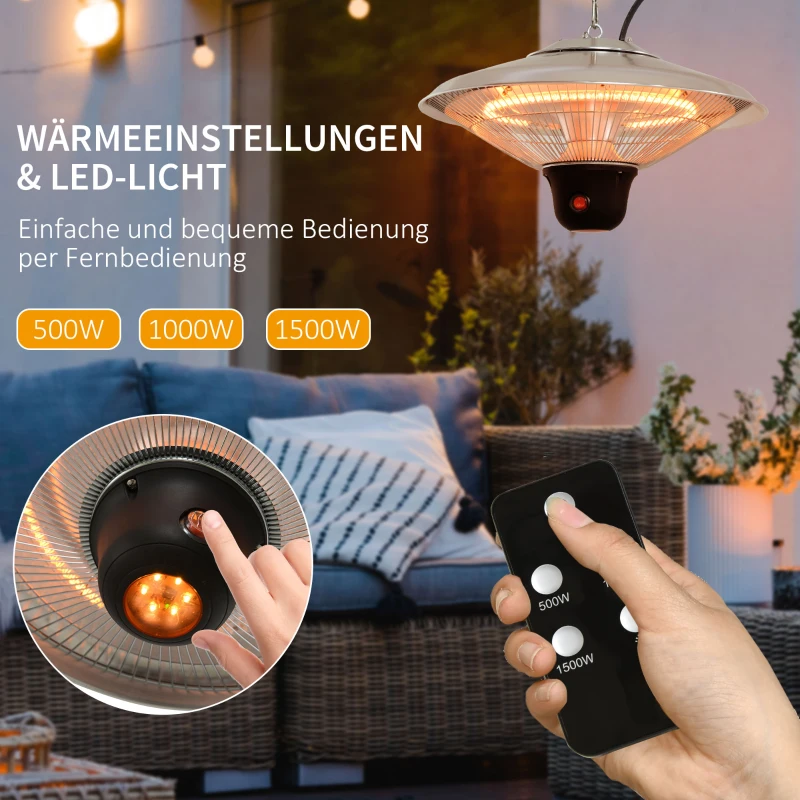 Outsunny Infrarotstrahler 1500 Watt Infrarot Heizstrahler mit Fernbedienung 3 Heizstufen LED-Anzeige Wärmestrahler Terrassenheizer Standheizer Infrarotheizung Silber