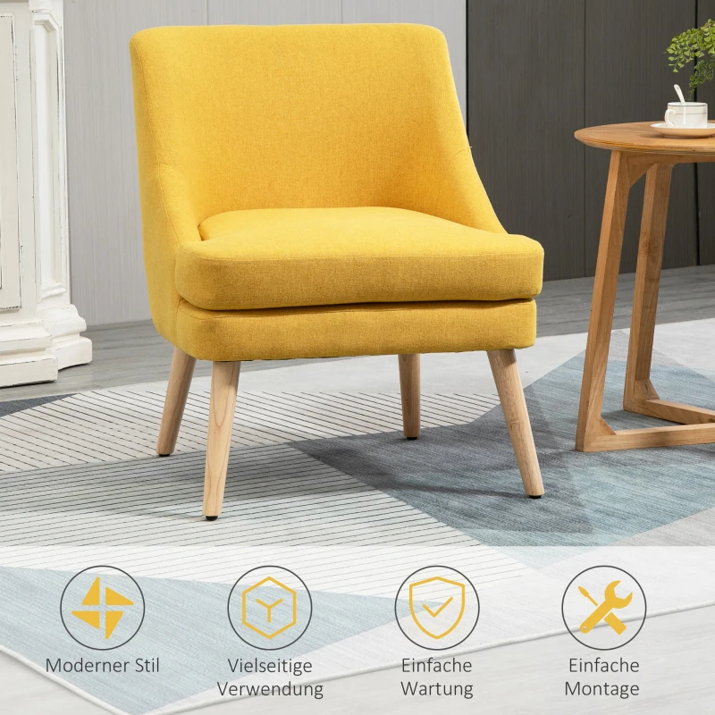 HOMCOM Sessel Loungesessel mit Leinenoptik, Armlehne, Gepolstert Relaxsessel mit Holzbeine, für Wohnzimmer, Schlafzimmer, Gelb