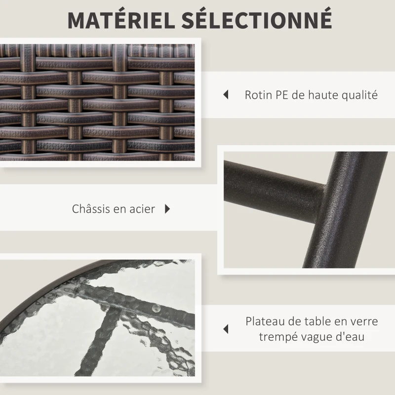 Outsunny Ensemble salon de jardin 2 places table ronde pliable plateau verre trempé chaises pliantes résine tressée chocolat